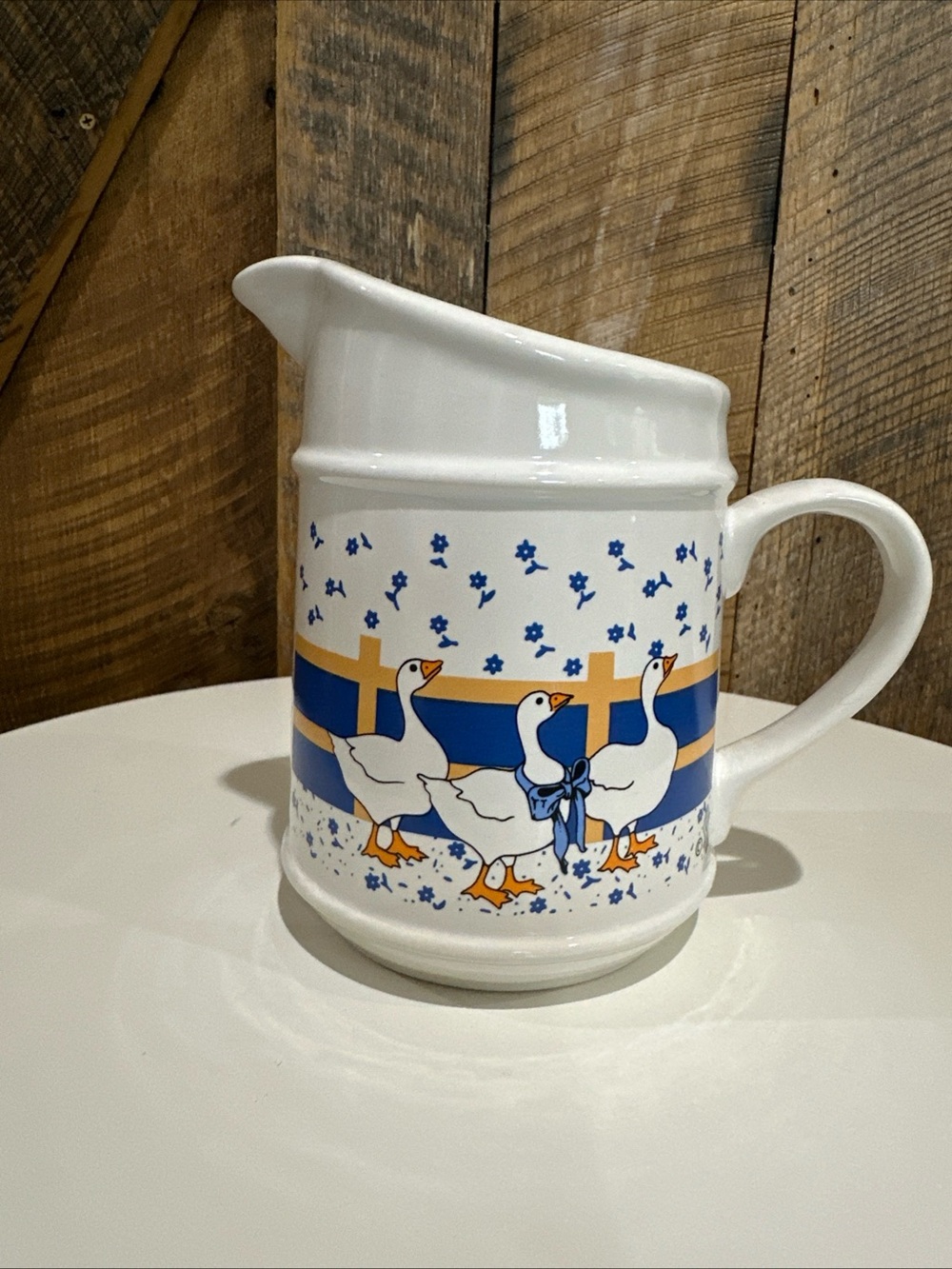 Vintage 1980s Ceramic Blue Bow Geese Creamer Pitcher Cottagecore Farmhouse